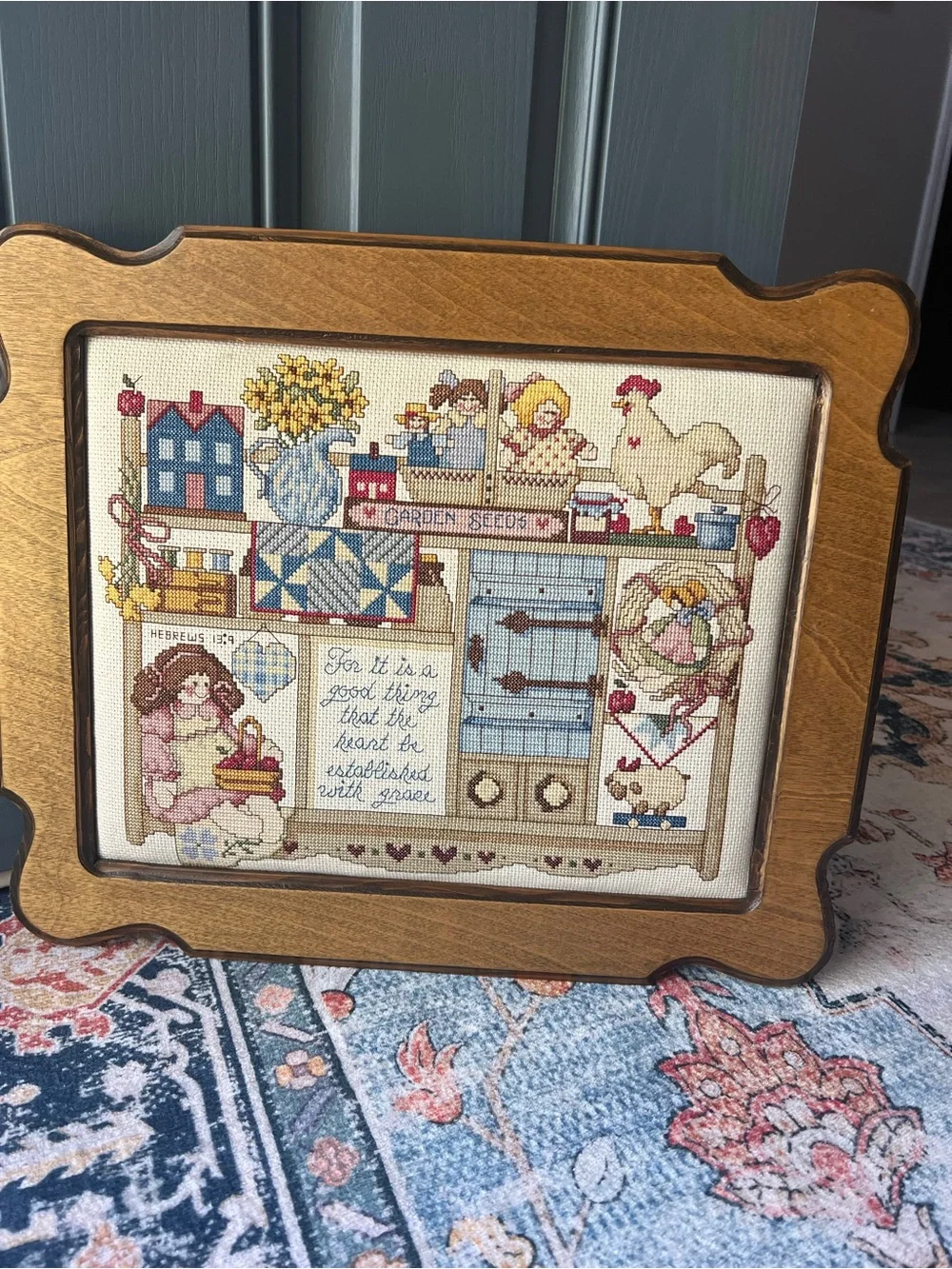 Vintage Cottage Core Wood Framed Counted Cross-Stitched Farmhouse Hebrews 13:9